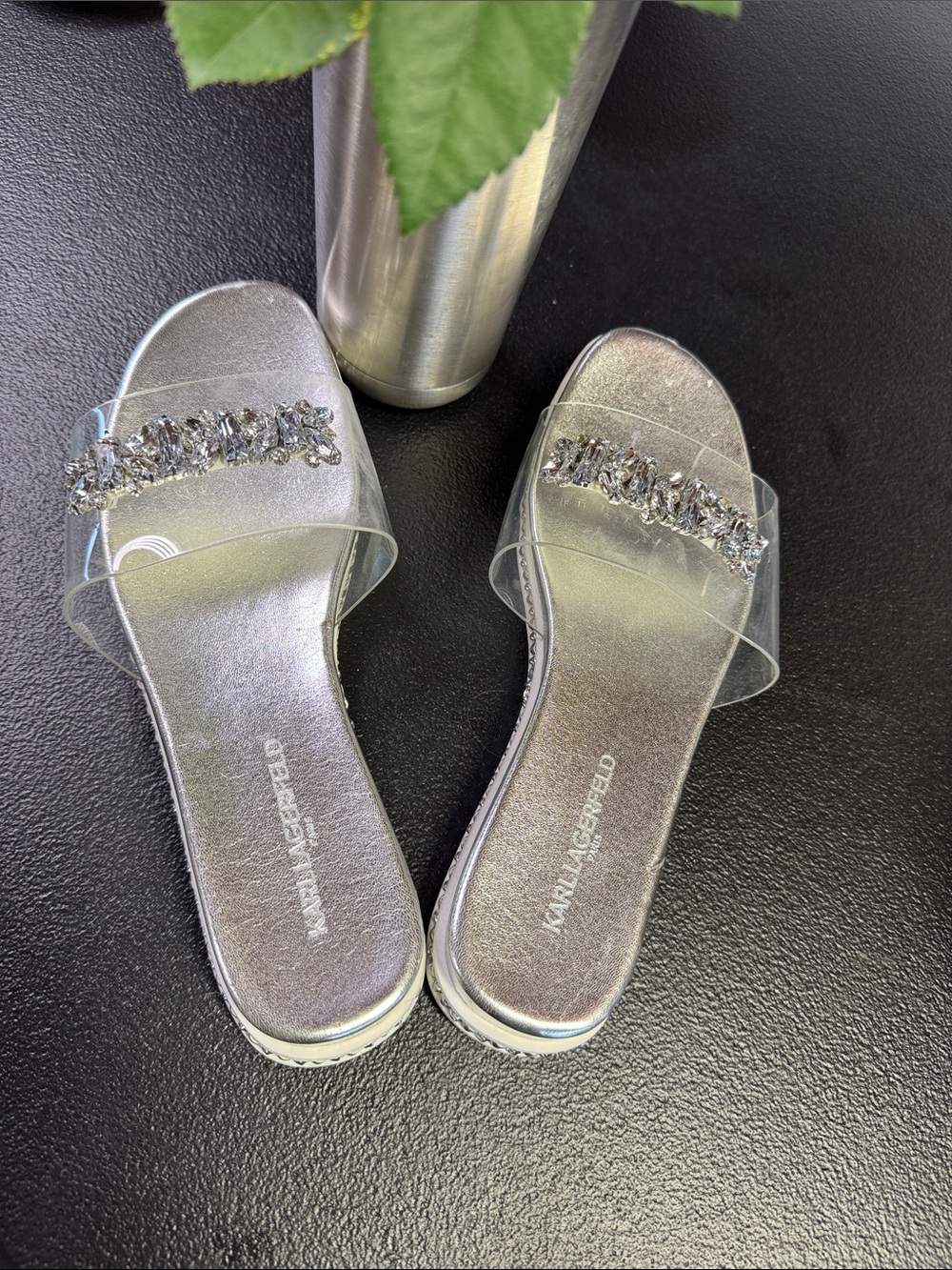 Final price drop 🥳 Karl Lagerfeld Silver Crystal-Embellished Clear Strap Slides